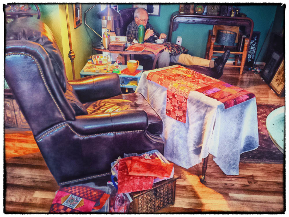 stitching station in front of the TV
